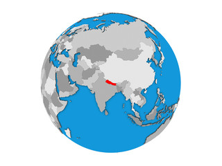 Nepal on blue political 3D globe. 3D illustration isolated on white background.