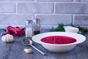 Borsch. Red soup. Dsh of Slavic, Russian, Ukrainian cuisine.