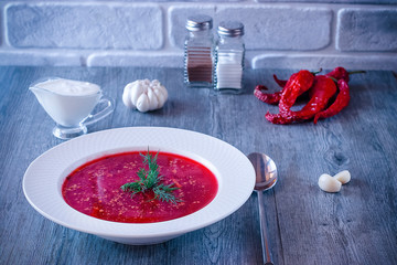 Borsch. Red soup. Dsh of Slavic, Russian, Ukrainian cuisine.