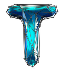 Obraz premium Capital latin letter T in low poly style blue color isolated on white background