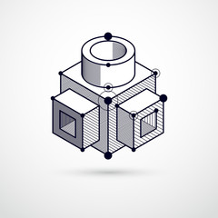 Isometric abstract black and white background with linear dimensional cube shapes, vector 3d mesh elements. Layout of cubes, hexagons, squares, rectangles and different abstract elements.