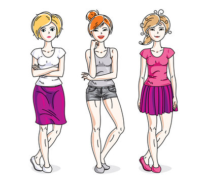 Happy cute young adult girls standing wearing fashionable casual clothes. Vector diversity people illustrations set.