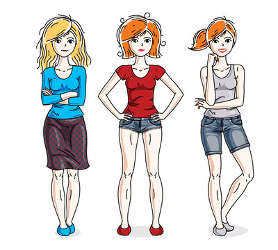 Happy cute young adult girls standing wearing casual clothes. Vector diversity people illustrations set. Fashion and lifestyle theme cartoons.