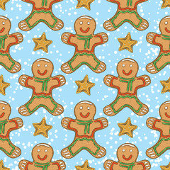 Fototapeta na wymiar Seamless Pattern with Gingerbread Man and Stars