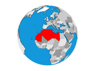 Maghreb region on blue political 3D globe. 3D illustration isolated on white background.
