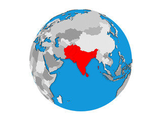 South Asia on blue political 3D globe. 3D illustration isolated on white background.