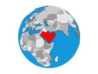 Arabia on blue political 3D globe. 3D illustration isolated on white background.