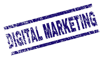 DIGITAL MARKETING seal print with grunge style. Blue vector rubber print of DIGITAL MARKETING text with scratched texture. Text tag is placed between parallel lines.