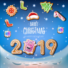 2019 New Year on the blue background with set of Christmas cookies in the form of a Christmas tree, Santa Claus hats, and Christmas gifts. Happy New Year card design. Vector illustration.