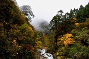 Autumn river valley close to Moxizhen in Sichuan, China 