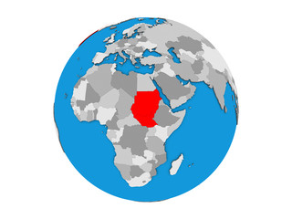 Sudan on blue political 3D globe. 3D illustration isolated on white background.