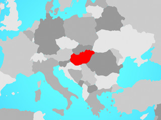 Hungary on blue political globe.