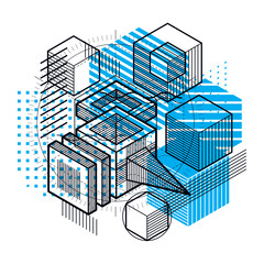 Abstract vector background with isometric lines and shapes. Cubes, hexagons, squares, rectangles and different abstract elements.