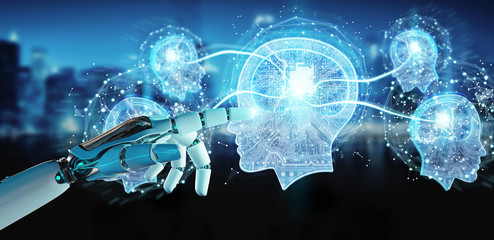 Cyborg creating artificial intelligence 3D rendering