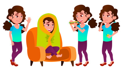 Girl Schoolgirl Kid Poses Set Vector. High School Child. Child Pupil. University, Graduate, Class. For Presentation, Invitation, Card Design. Isolated Cartoon Illustration