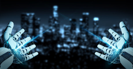 White cyborg opening his hand 3D rendering