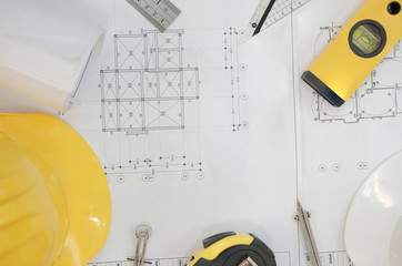 house blueprint of real estate project at architect engineer  workplace. building construction tool top view