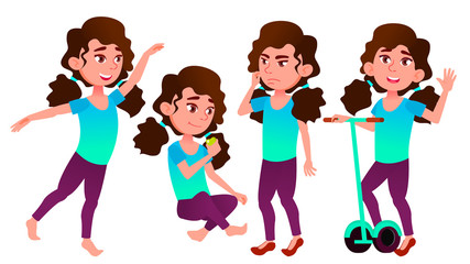 Girl Schoolgirl Kid Poses Set Vector. High School Child. Secondary Education. Casual Clothes, Friend. For Advertisement, Greeting, Announcement Design. Isolated Cartoon Illustration
