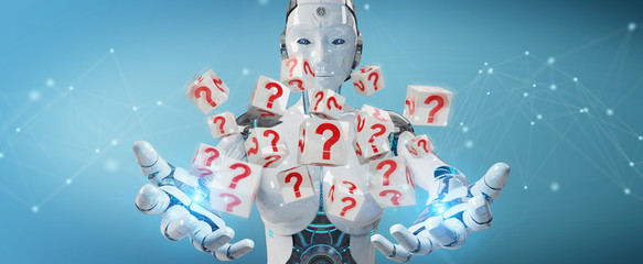 White robot using digital question marks 3D rendering