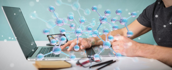 Graphic designer using modern molecule structure 3D rendering