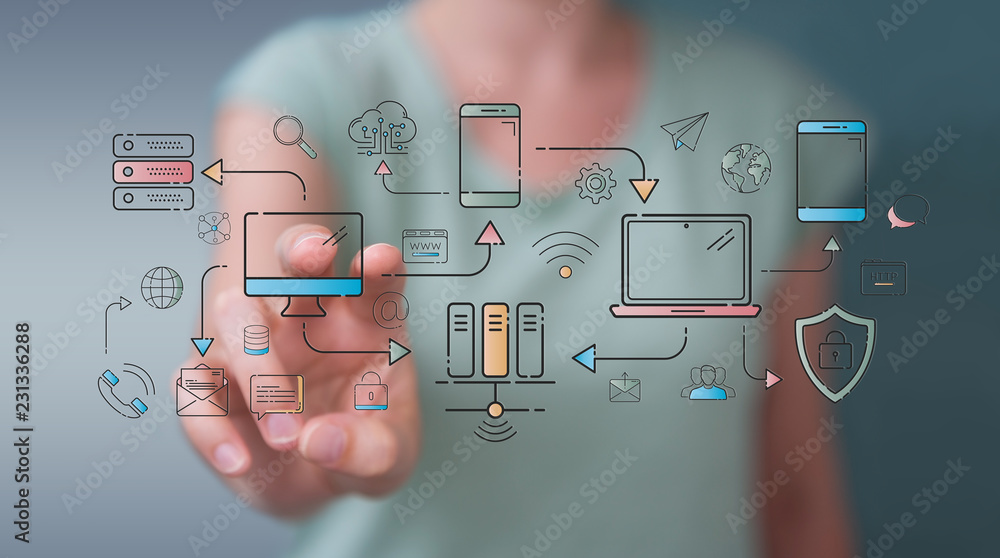 Poster businesswoman using tech devices and icons thin line interface