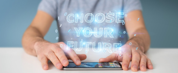 Businessman using future text interface 3D rendering