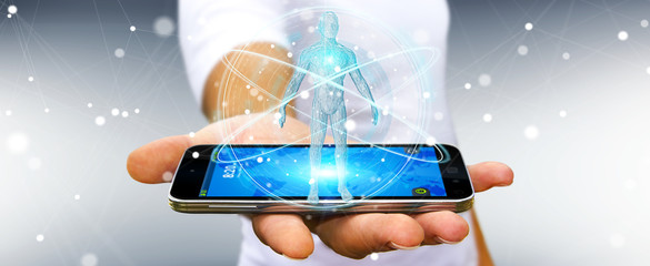 Businessman using digital x-ray human body scan interface 3D rendering