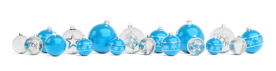 Blue and white christmas baubles isolated 3D rendering