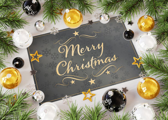 Christmas card greetings with golden baubles 3D rendering