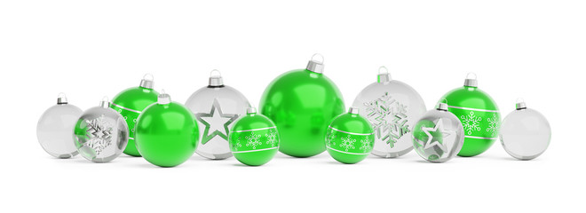 Green and white christmas baubles isolated 3D rendering