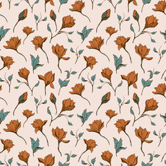 Fototapeta premium Magnolia flower skecth with ink hand drawn seamless pattern