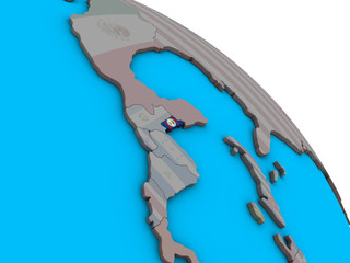 Belize with embedded national flag on simple blue political 3D globe.