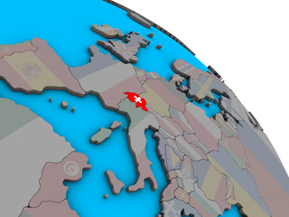 Switzerland with embedded national flag on simple blue political 3D globe.