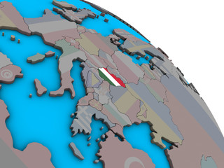 Hungary with embedded national flag on simple blue political 3D globe.