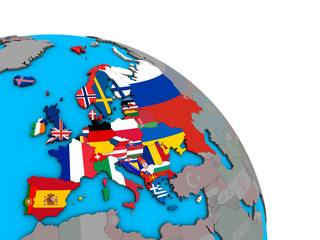 Europe with embedded national flags on simple blue political 3D globe.