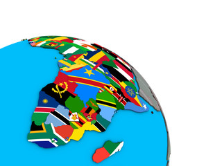 Africa with embedded national flags on simple blue political 3D globe.