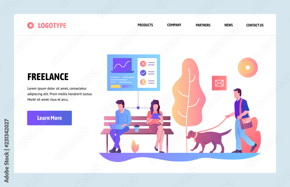Wall mural vector web site gradient design template. freelancers working in a park. people work on laptop and t