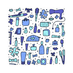 Set of cosmetic items. Collection of beauty tools.