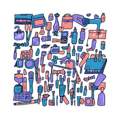 Set of cosmetic items. Collection of beauty tools.