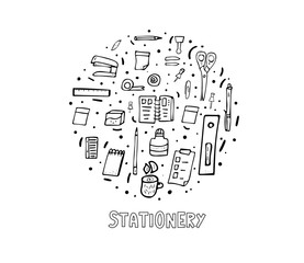 Set of vector doodle stationery. Office supplies.
