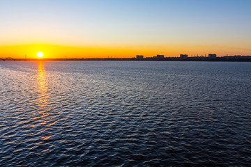 city on a river at the early morning