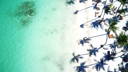 Luftbild von einem wunderschönen exotischen Sandstrand mit Palmen in Punta Cana, Dominikanische...