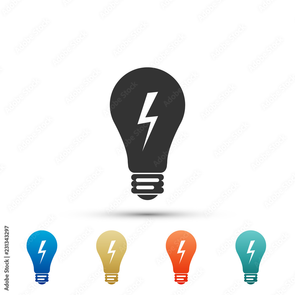 Poster light lamp sign. bulb with lightning symbol icon isolated on white background. idea symbol. set elem