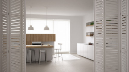 Fototapeta na wymiar White folding door opening on modern luxury contemporary minimalistic white and wooden kitchen, interior design, architect designer concept, blur background