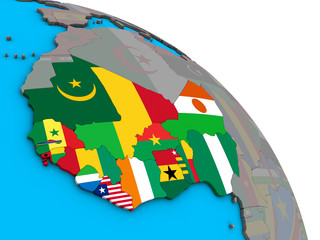 Western Africa with embedded national flags on simple blue political 3D globe.