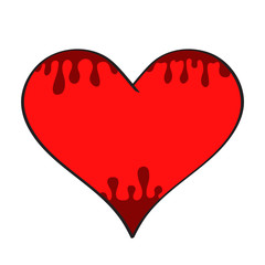 Red cartoon heart symbol love with dark blood drops on white, stock vector illustration