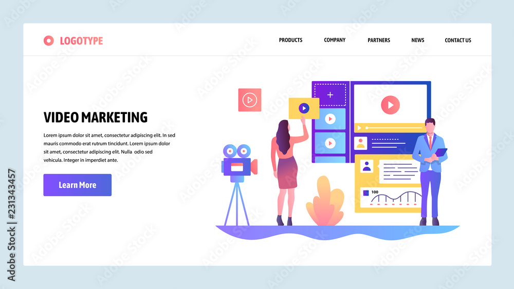 Poster vector web site design template. video marketing and advertisement. landing page concepts for websit