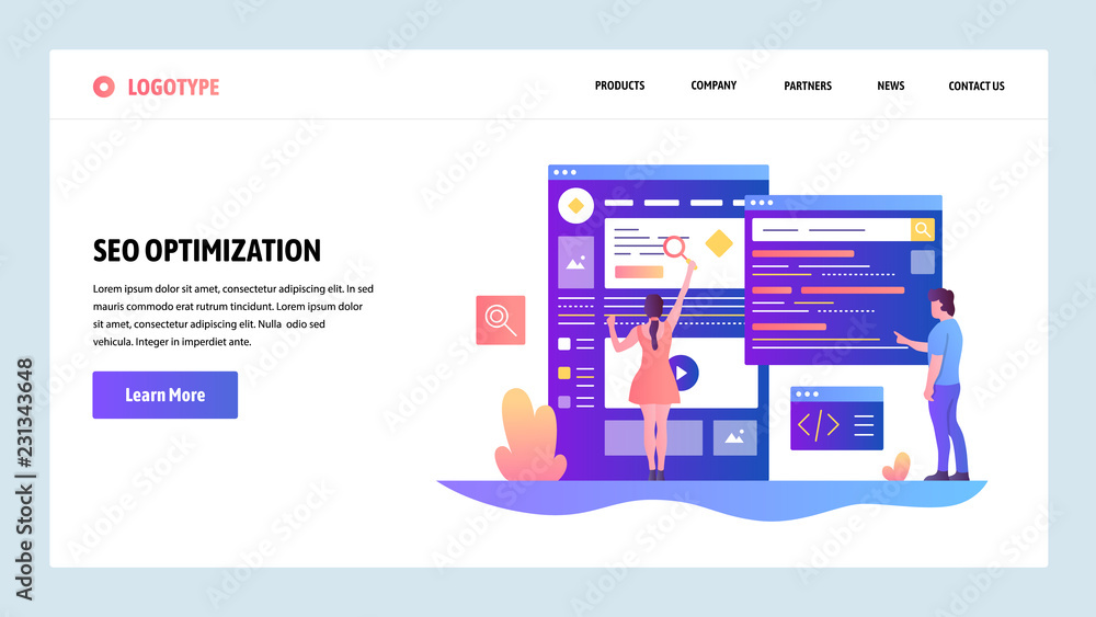 Aufkleber vector web site design template. search engines optimization seo and digital marketing. landing page