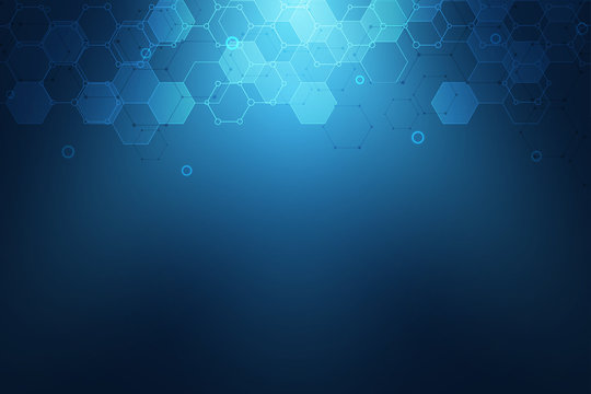 Geometric background texture with molecular structures and chemical compounds. Abstract background from hexagons pattern. Vector illustration for medical or scientific and technological modern design.