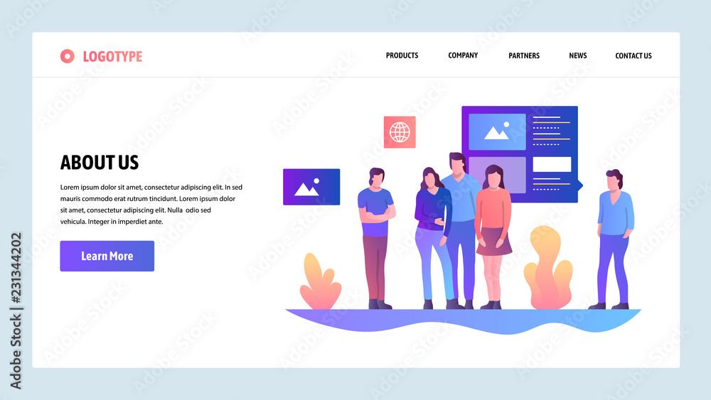 Poster vector web site design template. about us company and team information page. landing page concepts f